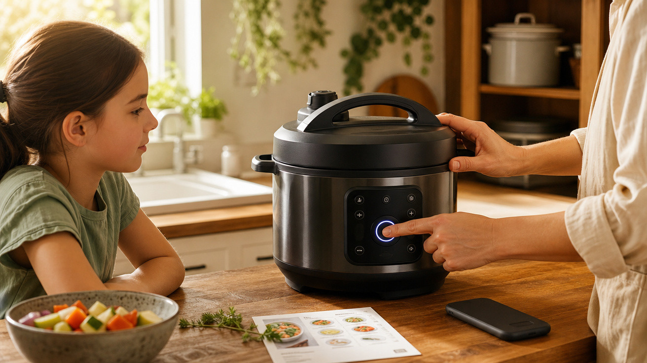 Criança observa adulto utilizando panela elétrica em cozinha com refeição e receita sobre a mesa.