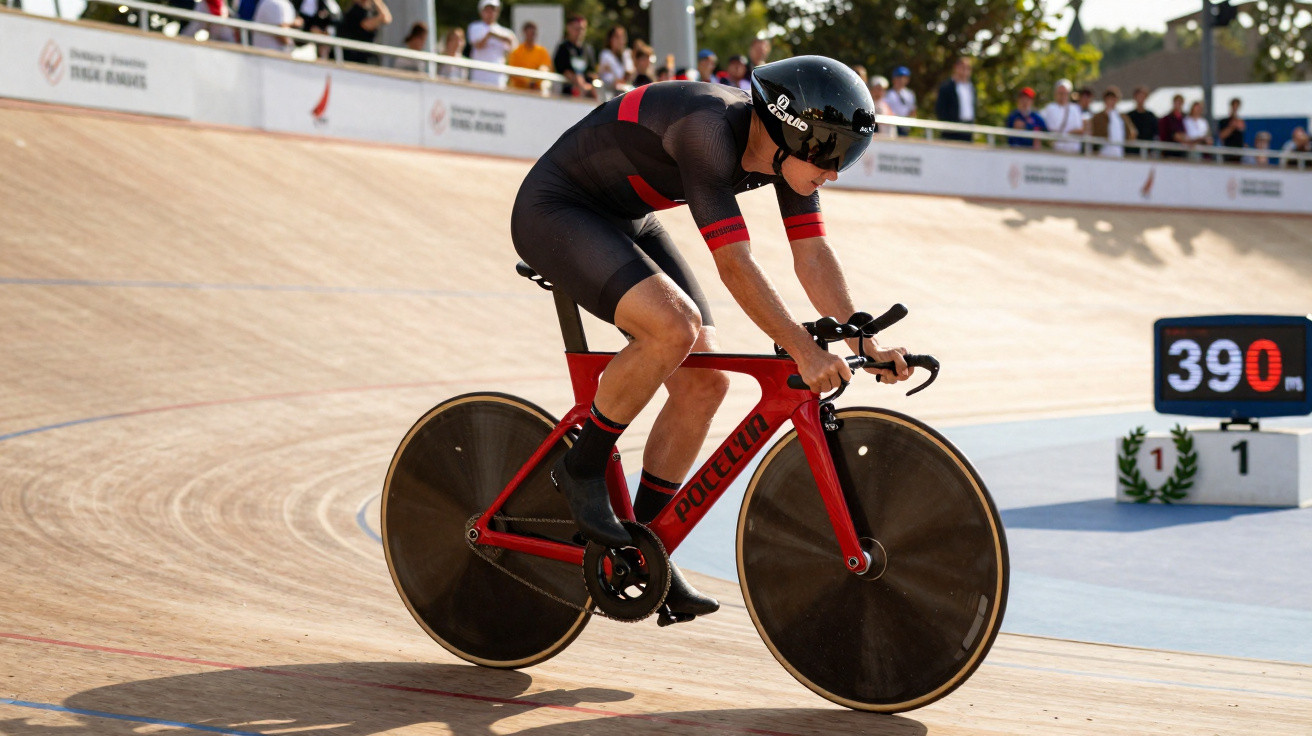 Atleta de ciclismo em pista com capacete e roupa preta em bicicleta vermelha durante competição.