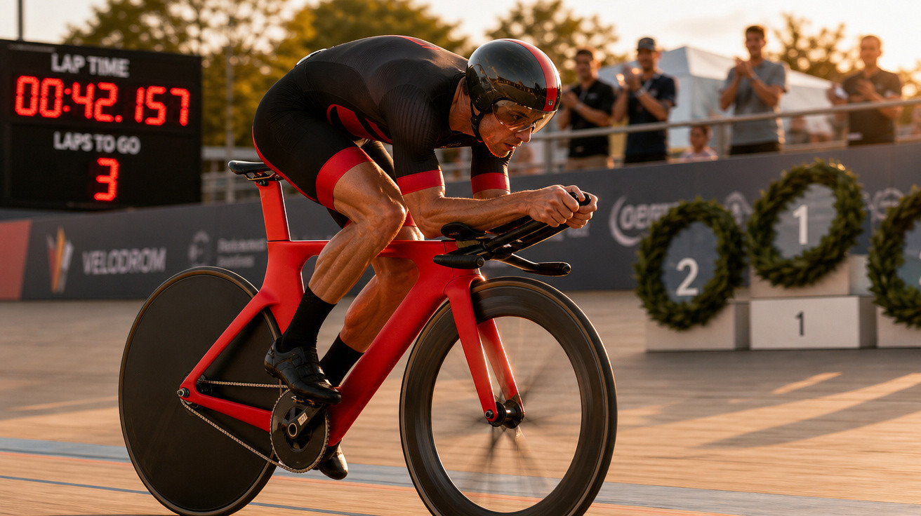 Ciclista em traje aero pedalando em bicicleta de contra-relógio vermelha em velódromo durante competição.