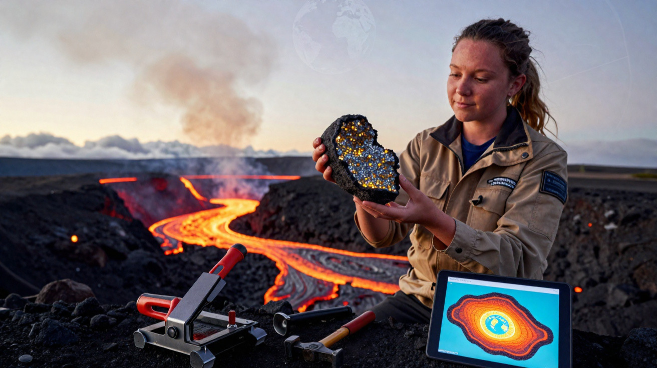 Mulher segurando rocha vulcânica com lava ao fundo e ferramentas de vulcanologia ao redor.