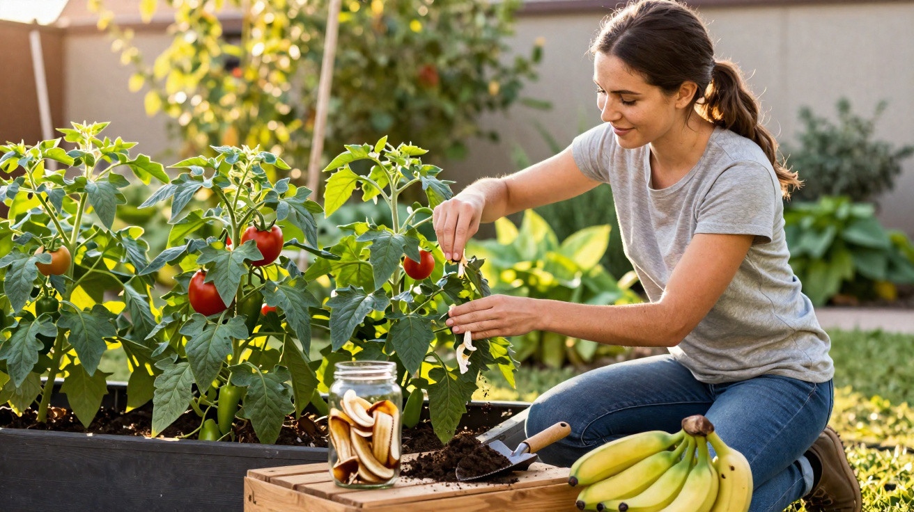 Mulher removendo folhas de plantas de tomate em horta urbana com bananas e frascos à frente.