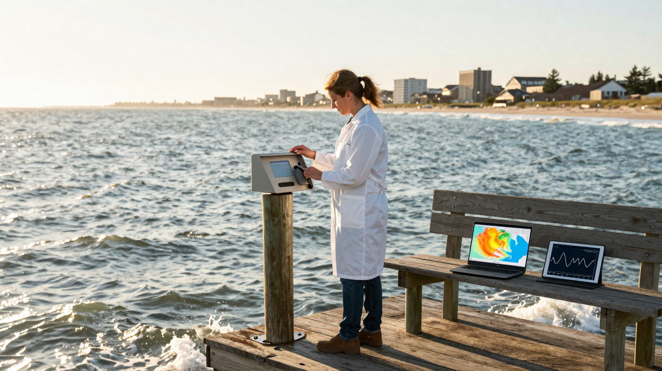 Mulher cientista em jaleco operando equipamento junto ao mar com dois laptops em banco próximo mostrando dados.