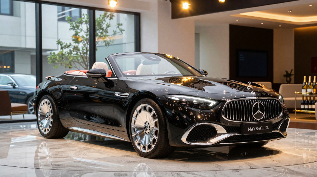 Carro conversível preto Mercedes-Maybach SL em exibição em ambiente interno sofisticado.
