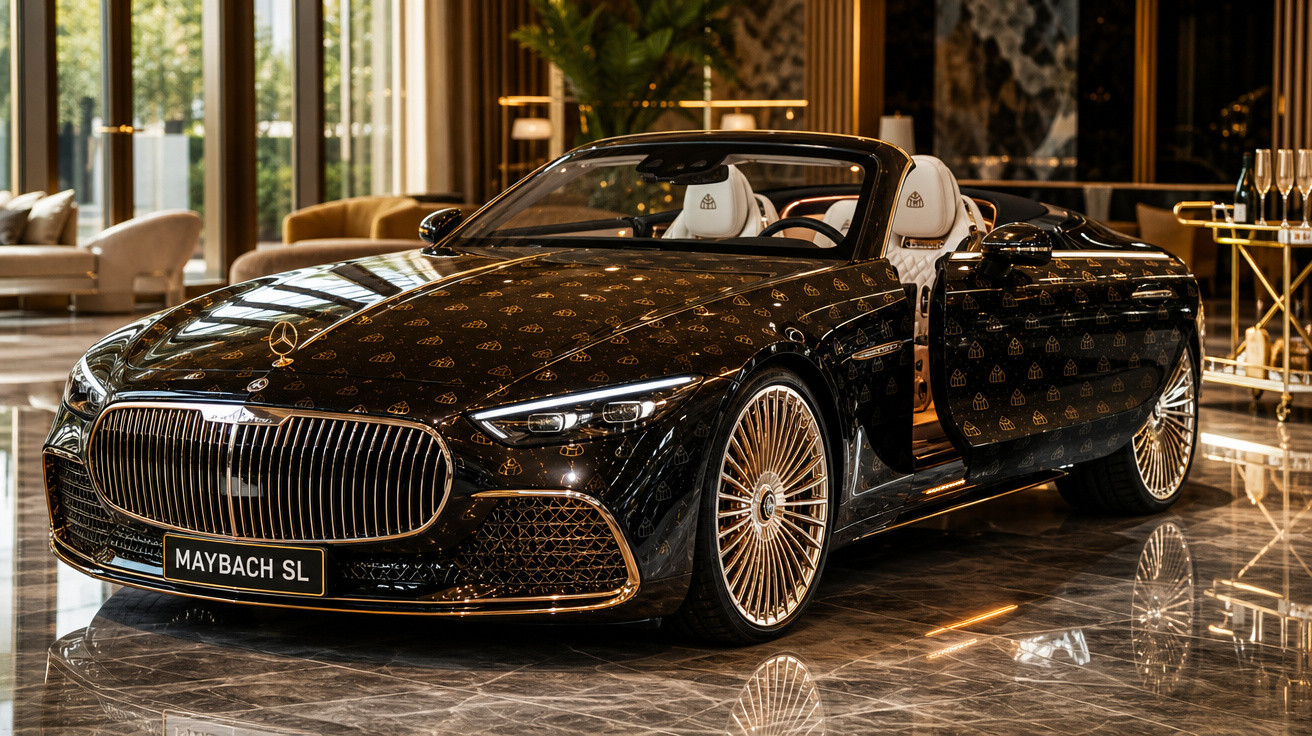 Carro conversível Maybach SL preto com interior branco exposto em showroom luxuoso.