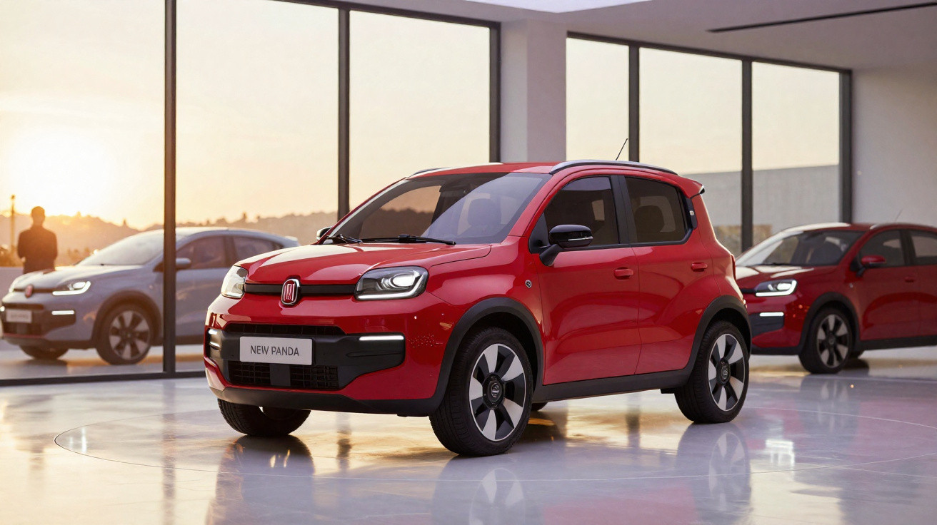 Carro vermelho Fiat New Panda em exposição dentro de showroom com paredes de vidro ao fundo.
