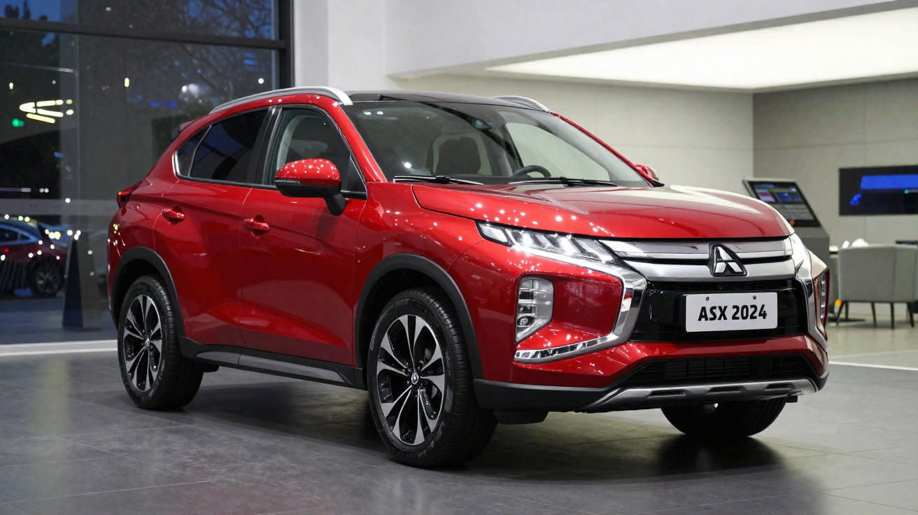 SUV vermelho Mitsubishi ASX 2024 em exibição dentro de showroom moderno e iluminado.