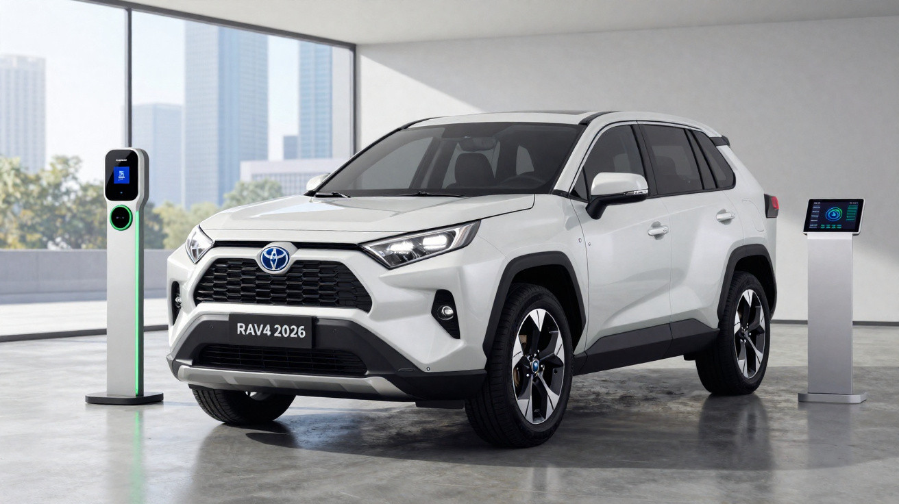 SUV branco Toyota RAV4 2026 estacionado em garagem com estação de recarga elétrica.