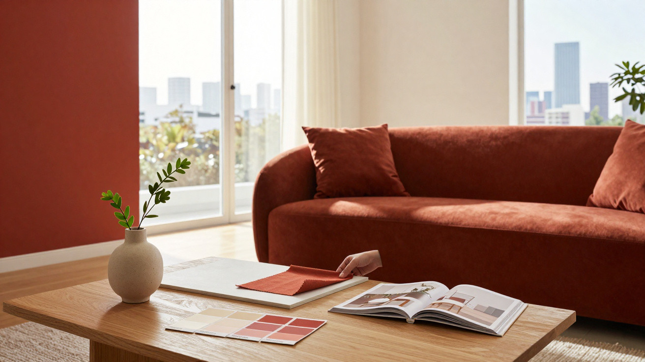 Sala de estar com sofá terracota, mesa de madeira, revista aberta e vaso com planta verde.