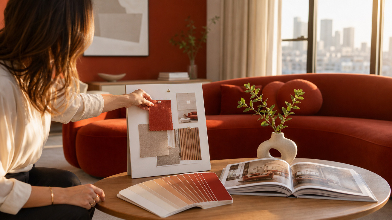 Mulher analisando amostras de tecido e cores para decoração em sala com sofá vermelho e mesa com livro e vaso.