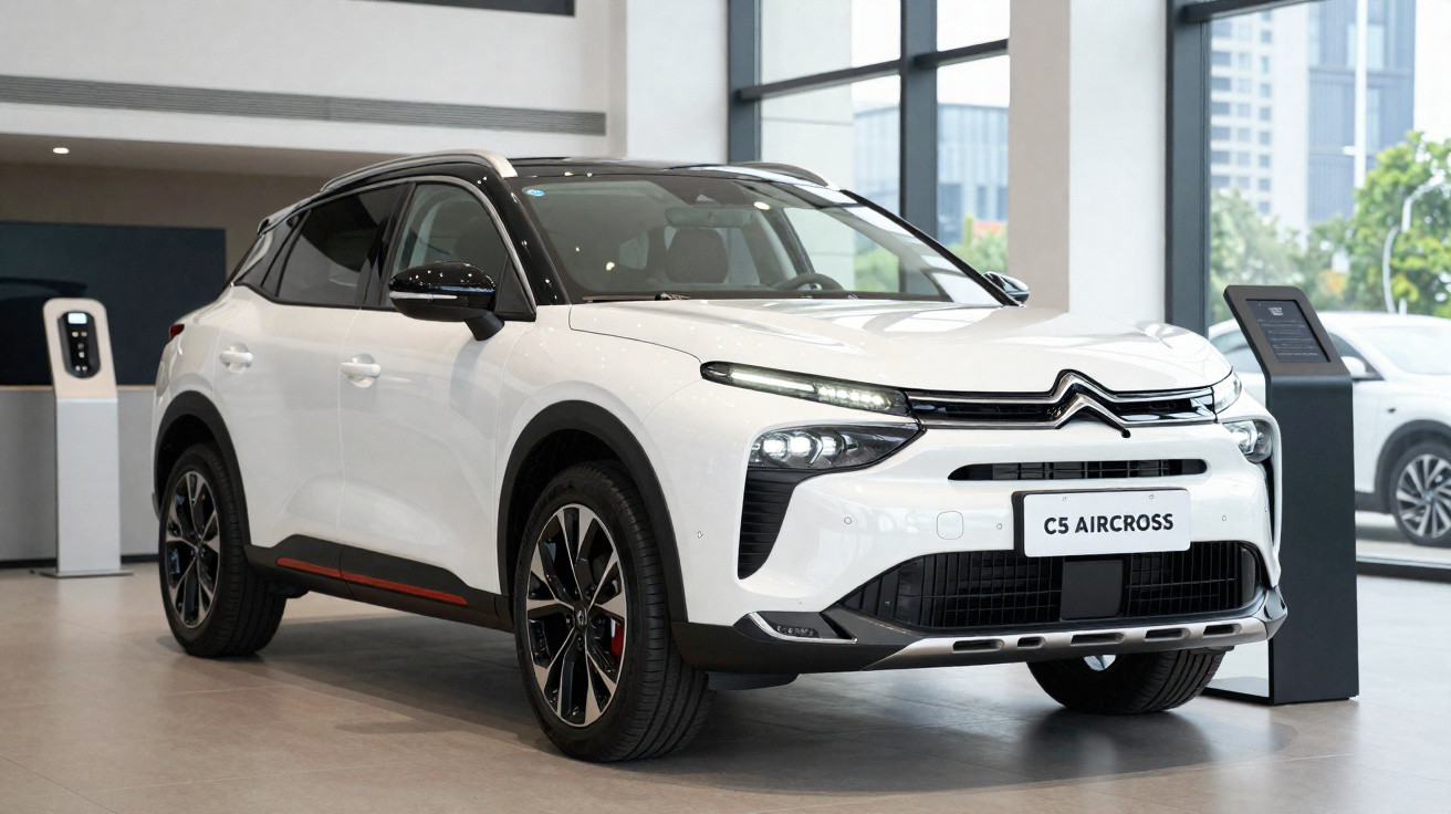 SUV branco Citroën C5 Aircross em showroom com teto preto e rodas esportivas.