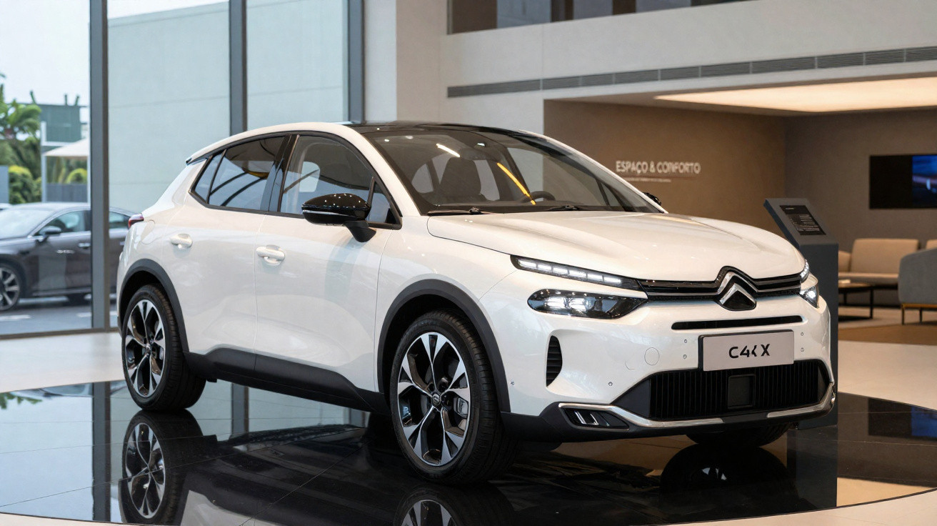 Carro branco Citroën C4 X exibido em showroom moderno com piso brilhante e grandes janelas.