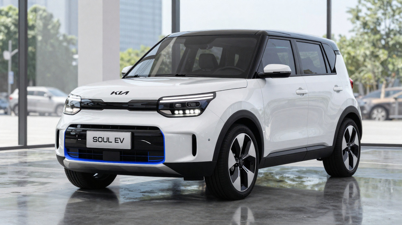 Carro elétrico branco Kia Soul EV exibido em showroom moderno com teto preto e luzes LED acesas.