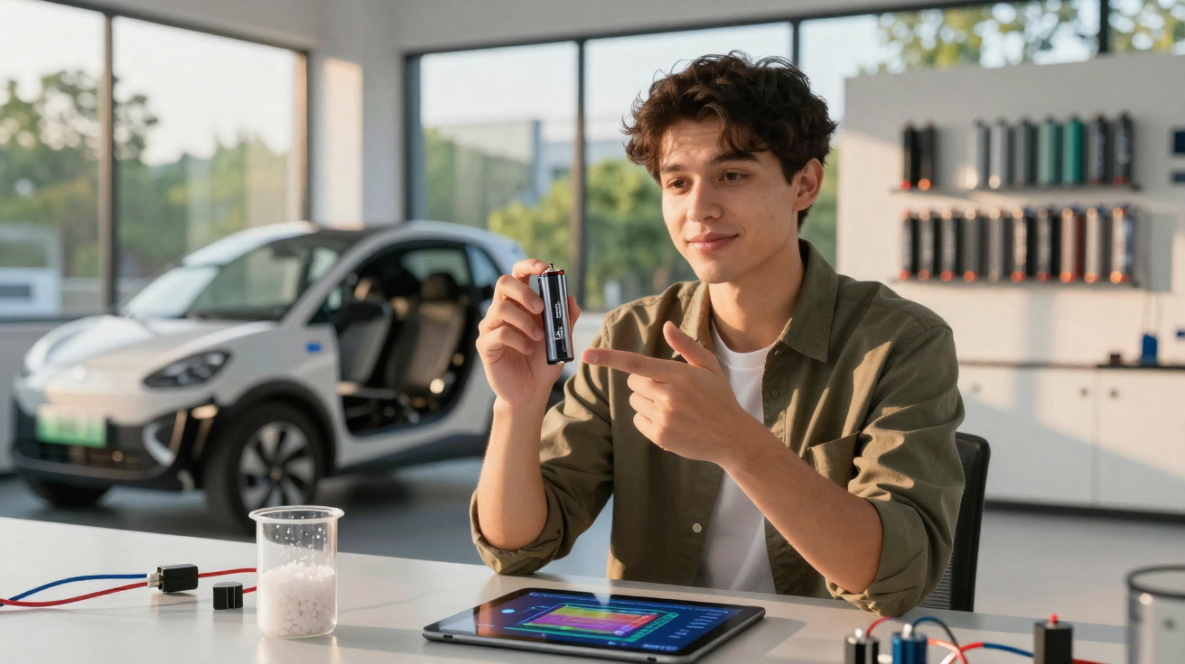 Jovem em laboratório mostrando bateria recarregável com carro elétrico ao fundo e tablet na mesa.