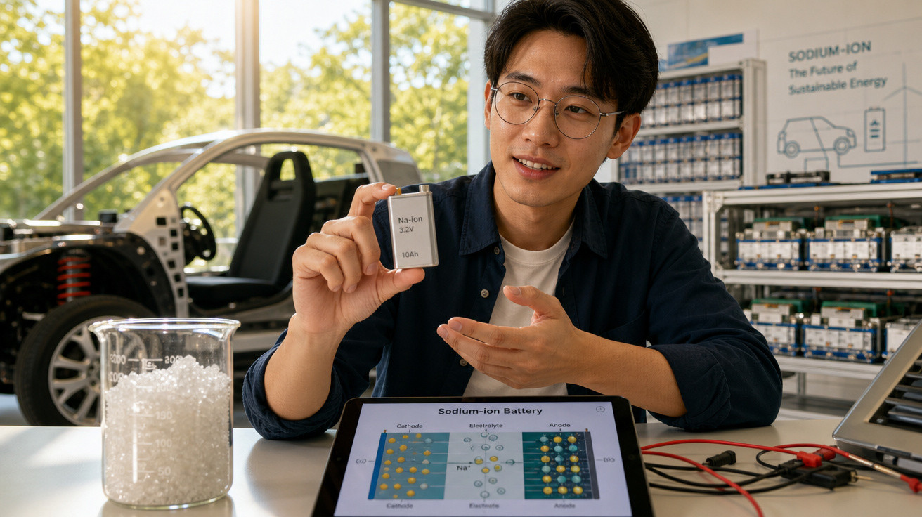 Homem sorridente mostra bateria de íon sódio enquanto estuda tecnologias sustentáveis em laboratório moderno.