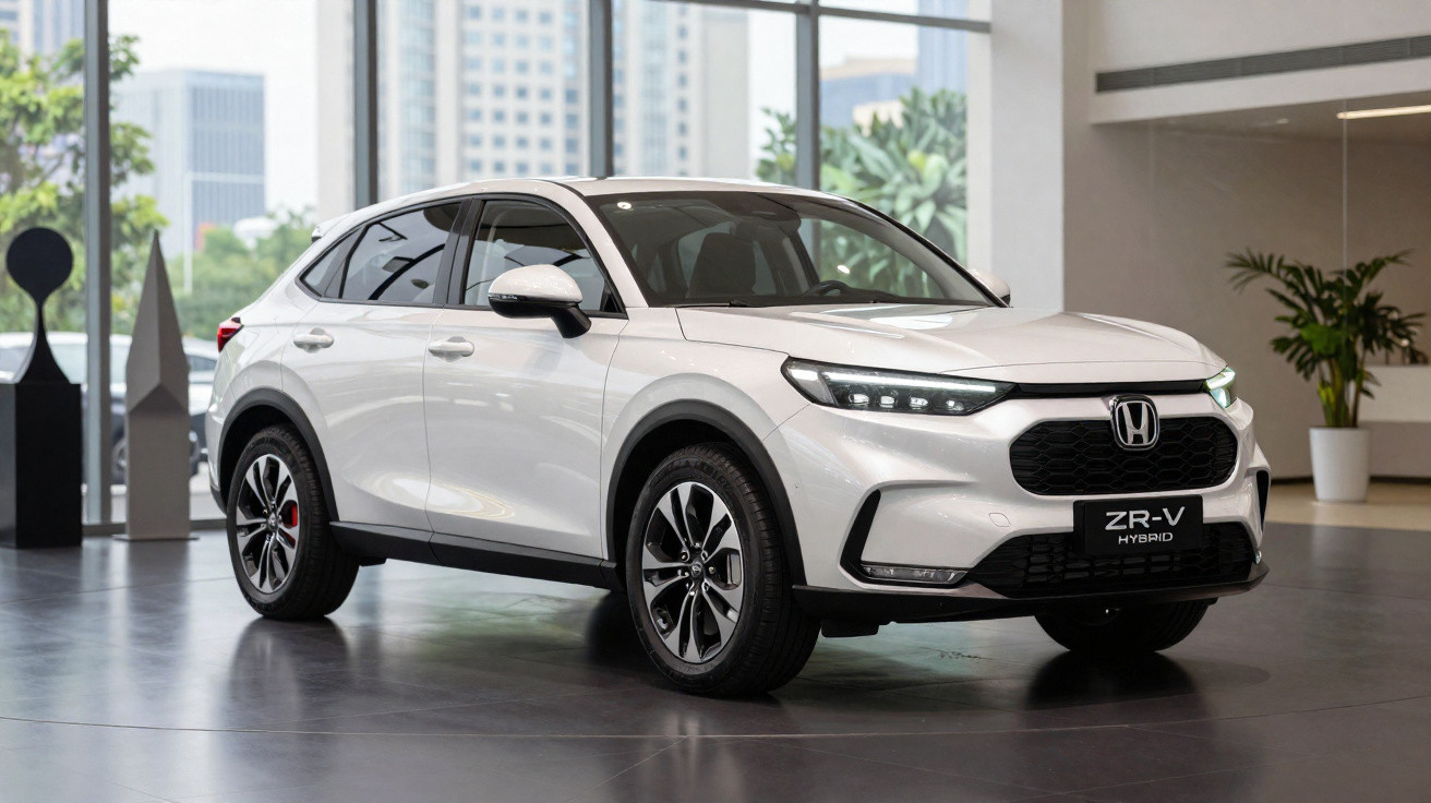 SUV branco Honda ZR-V híbrido em ambiente interno com grandes janelas e decoração moderna.