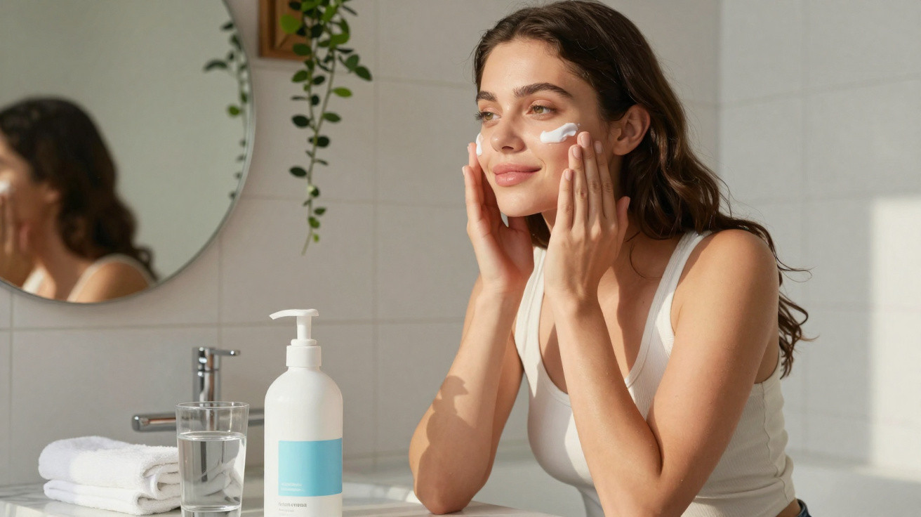 Mulher aplicando creme facial no rosto em banheiro iluminado com espelho redondo e planta no fundo.