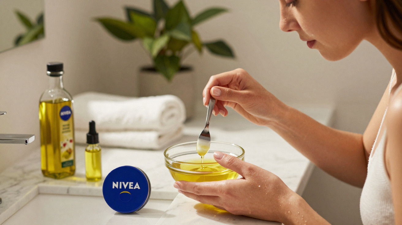 Pessoa segurando pote de vidro com óleo amarelo e colher, com produtos Nivea e toalhas ao fundo.