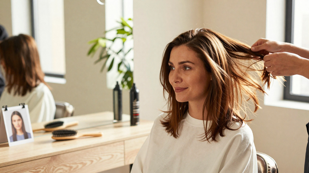 Mulher sorrindo sentada em salão de cabeleireiro enquanto profissional toca em seu cabelo.