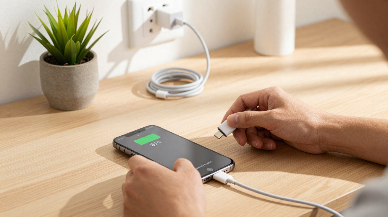 Pessoa conectando adaptador USB-C para carregar celular na mesa de madeira ao lado de planta pequena.