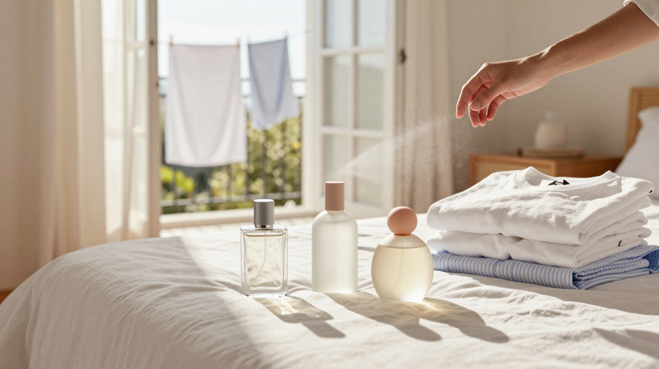 Mão aplicando spray em roupas brancas dobradas sobre cama com frascos de perfume e luz natural entrando pela janela aberta.