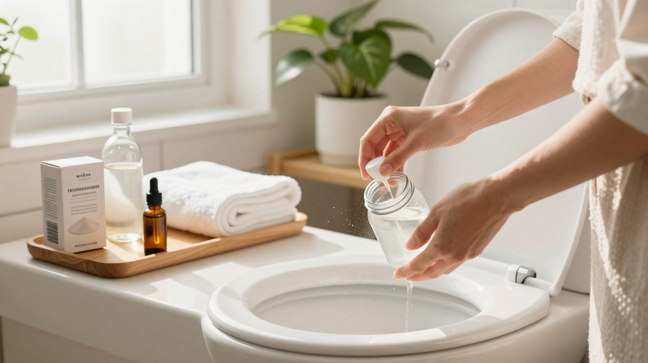 Pessoa colocando produto de limpeza em pó na privada em banheiro com decoração clara e plantas.