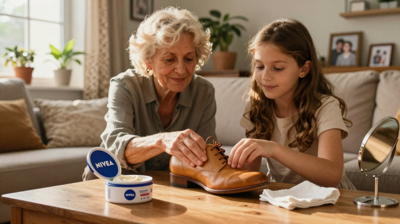 Idosa e menina limpando e cuidando de um sapato social marrom em uma mesa de madeira.