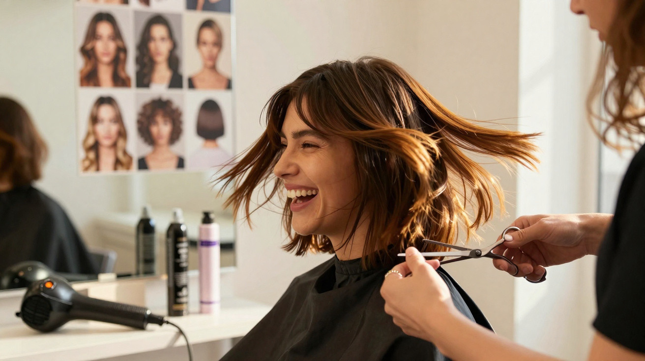 Mulher sorridente cortando cabelo em salão de beleza com cabeleireiro aparando fios.