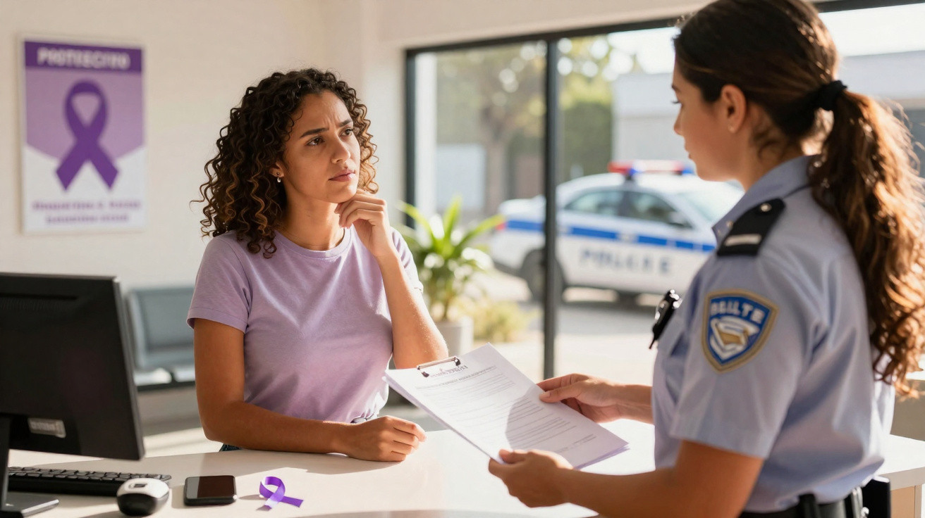Mulher conversando com policial em delegacia, olhando documentos, com laço roxo na mesa e cartaz ao fundo.