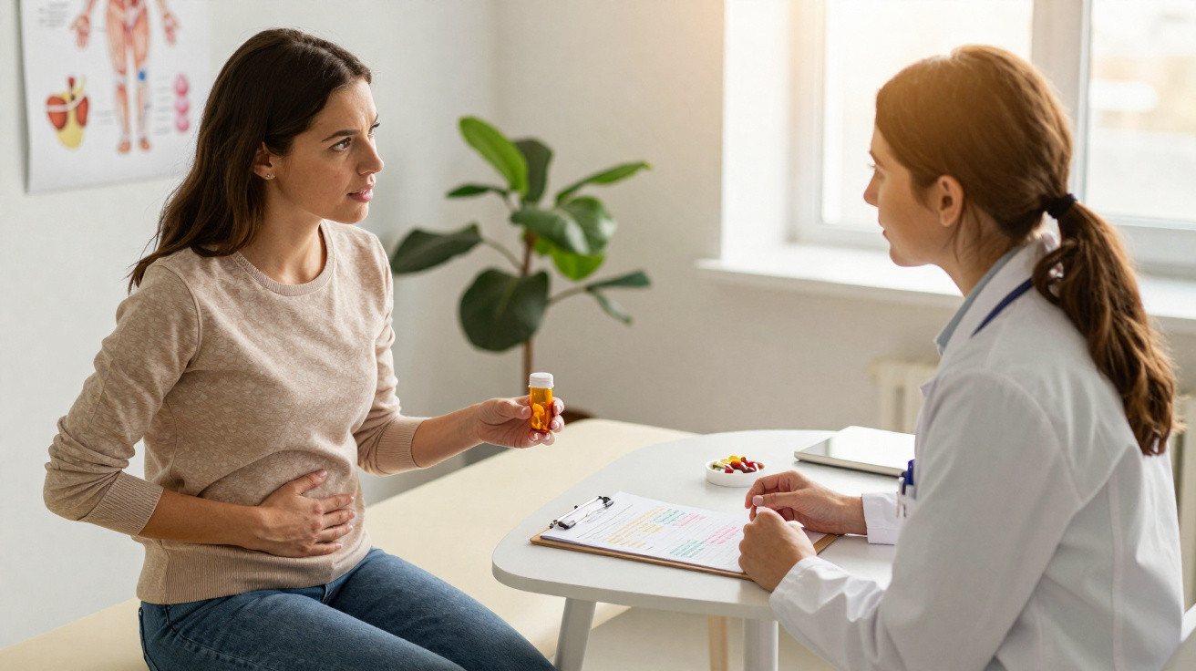 Mulher com dor abdominal segurando remédios consulta médica com doutora em consultório.