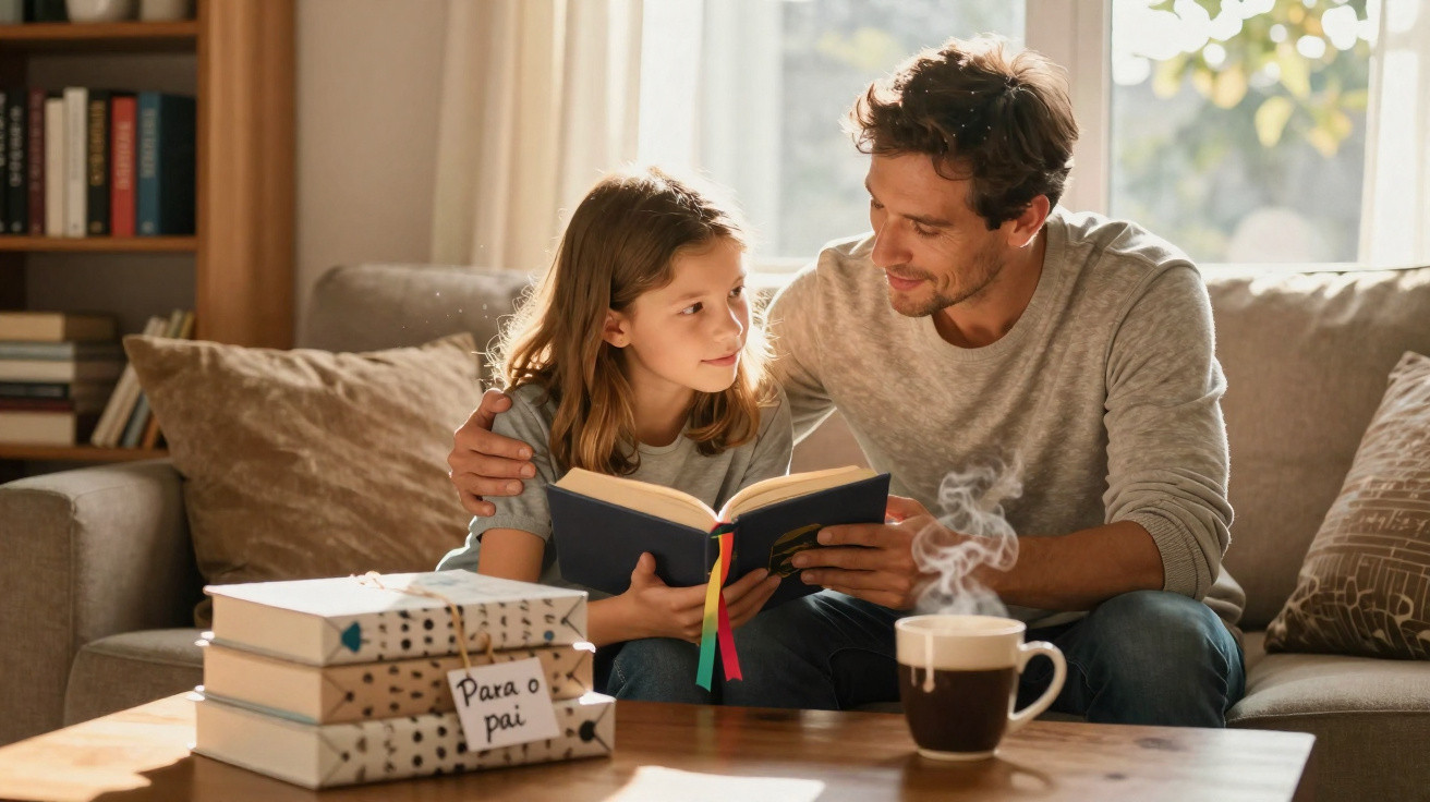 Pai e filha lendo livro juntos no sofá, com presente e café na mesa à frente.