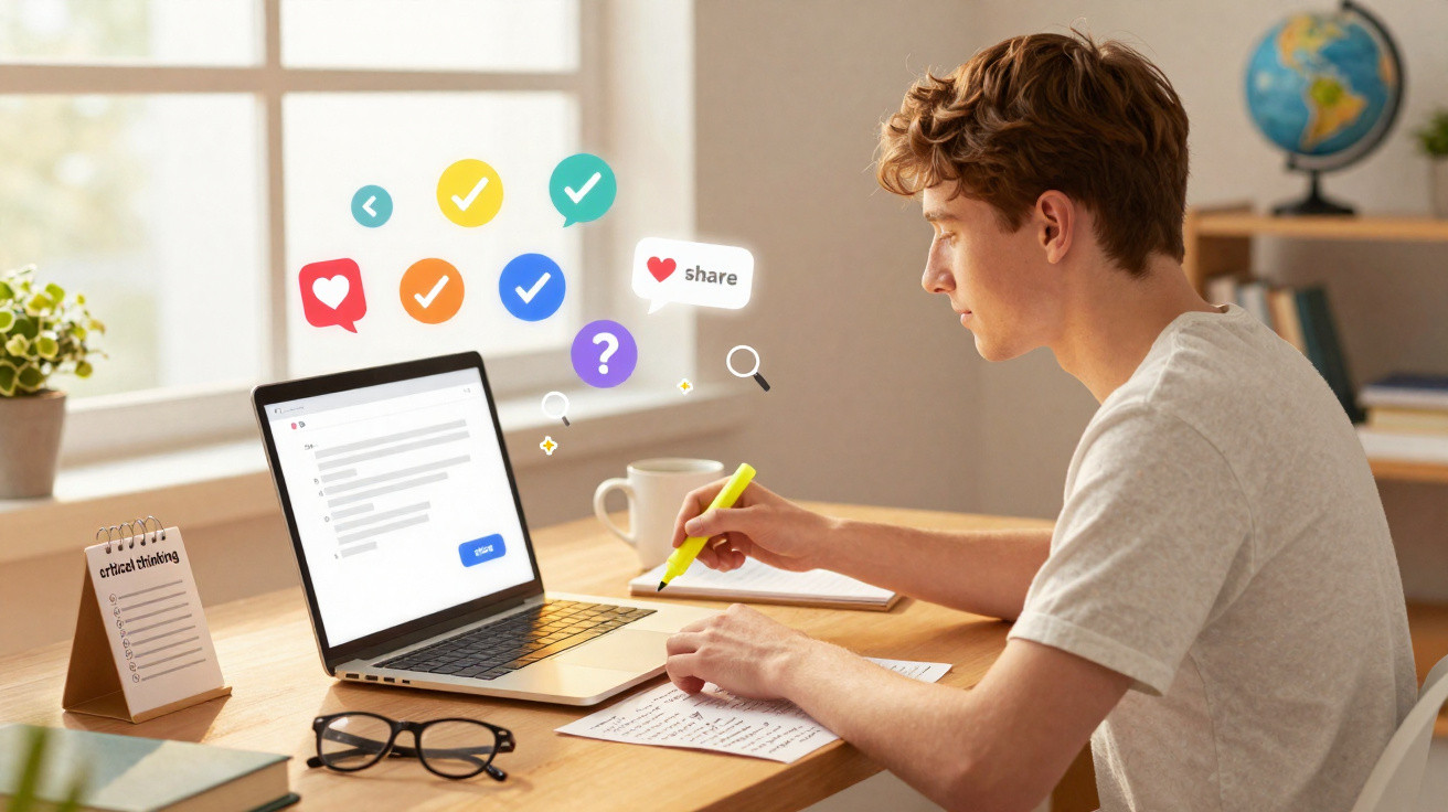 Jovem estudando em mesa com laptop, anotando em papel e ícones de redes sociais ao redor.