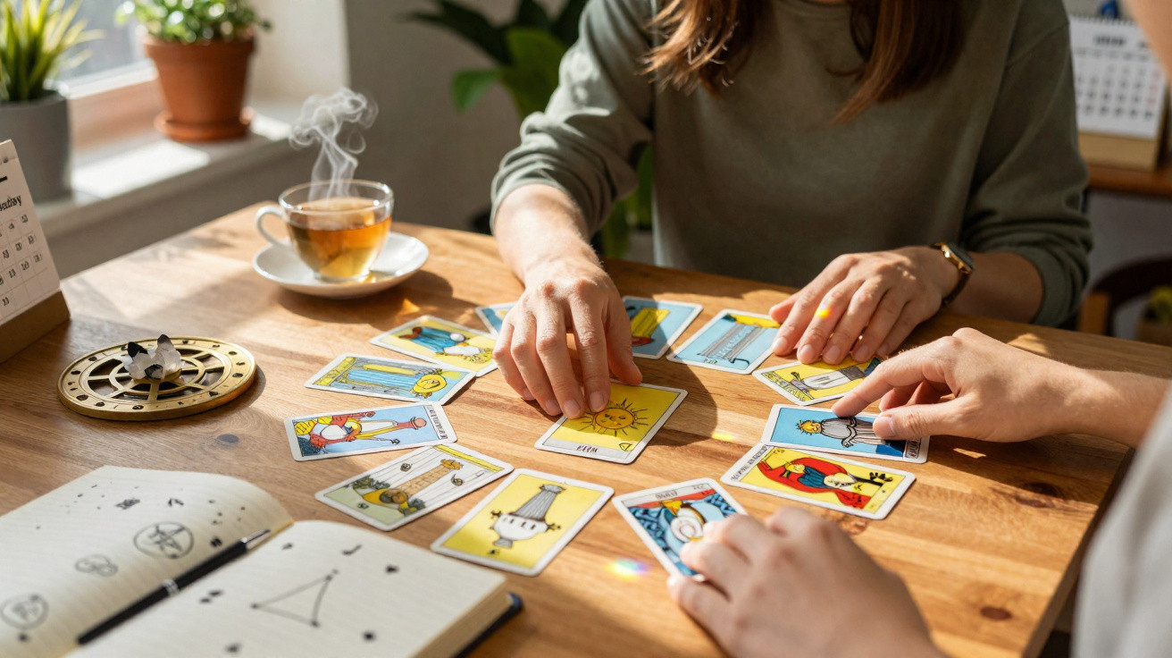 Duas pessoas consultando cartas de tarô em mesa de madeira com chá quente, planta e caderno aberto.