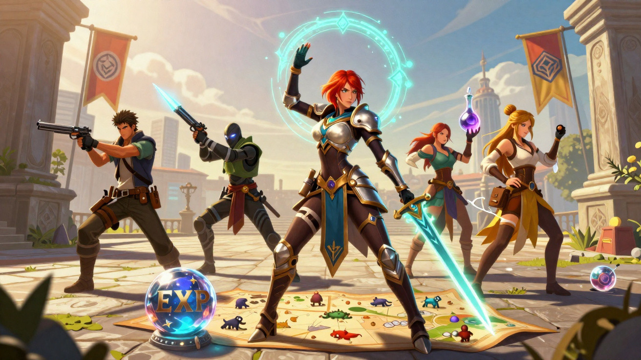 Cinco personagens de fantasia em pose de batalha, com armas e habilidades mágicas, em ambiente de jogo estratégico.