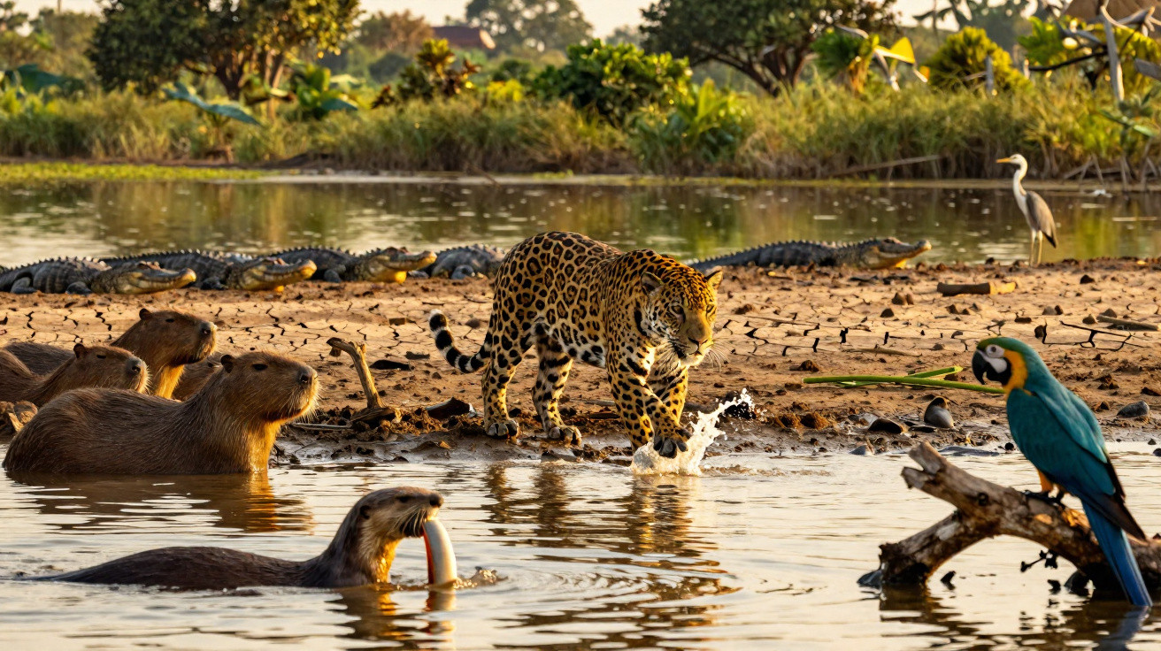 Onça-pintada, capivaras, jacarés, arara e garça em ambiente de rio e mata na natureza.