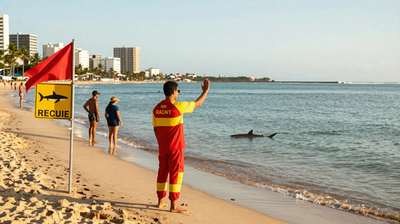 Banhistas afastados da água com homem sinalizando perigo por presença de tubarão em praia urbana.
