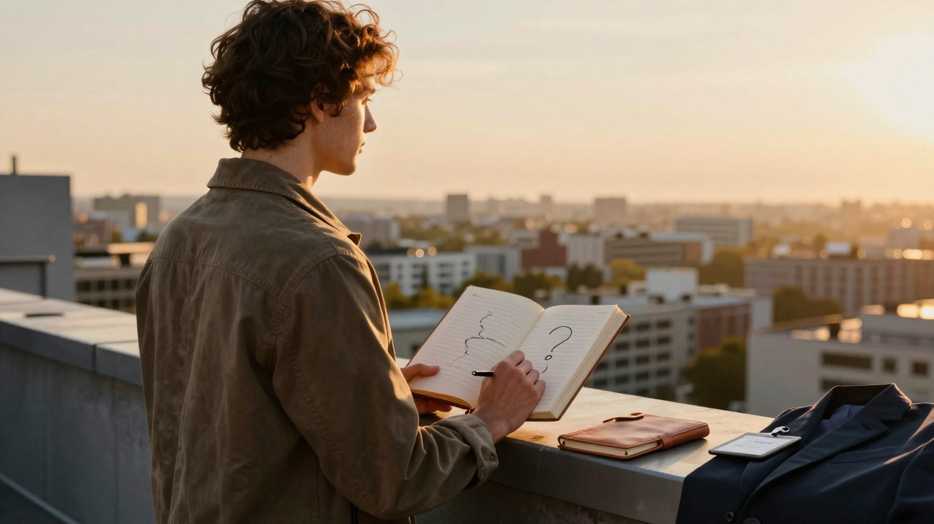 Jovem desenhando em caderno com ilustração de interrogação, em varanda com vista para cidade ao pôr do sol.