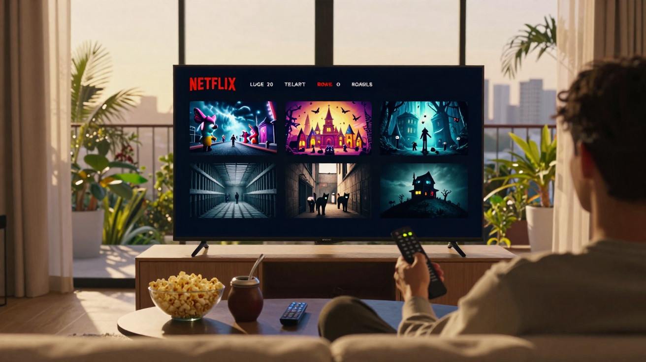 Pessoa assistindo Netflix em TV grande, com pipoca e chimarrão na mesa à frente, em sala iluminada.