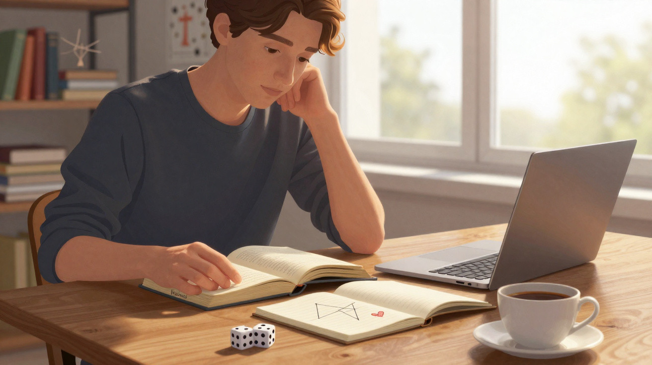 Jovem sentado à mesa lendo livro, com laptop, xícaras de café e dados sobre a mesa perto da janela.