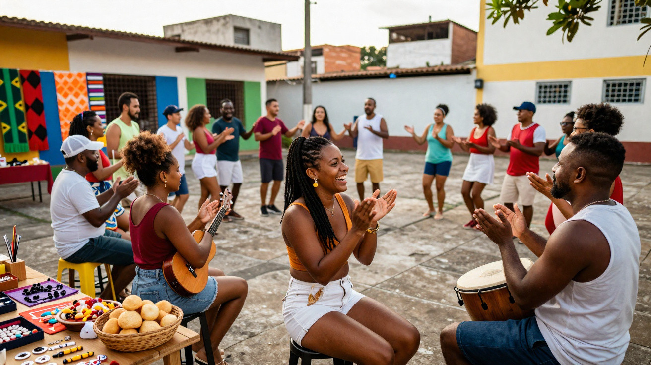 Grupo diverso de pessoas felizes tocando instrumentos e dançando em pátio ao ar livre.