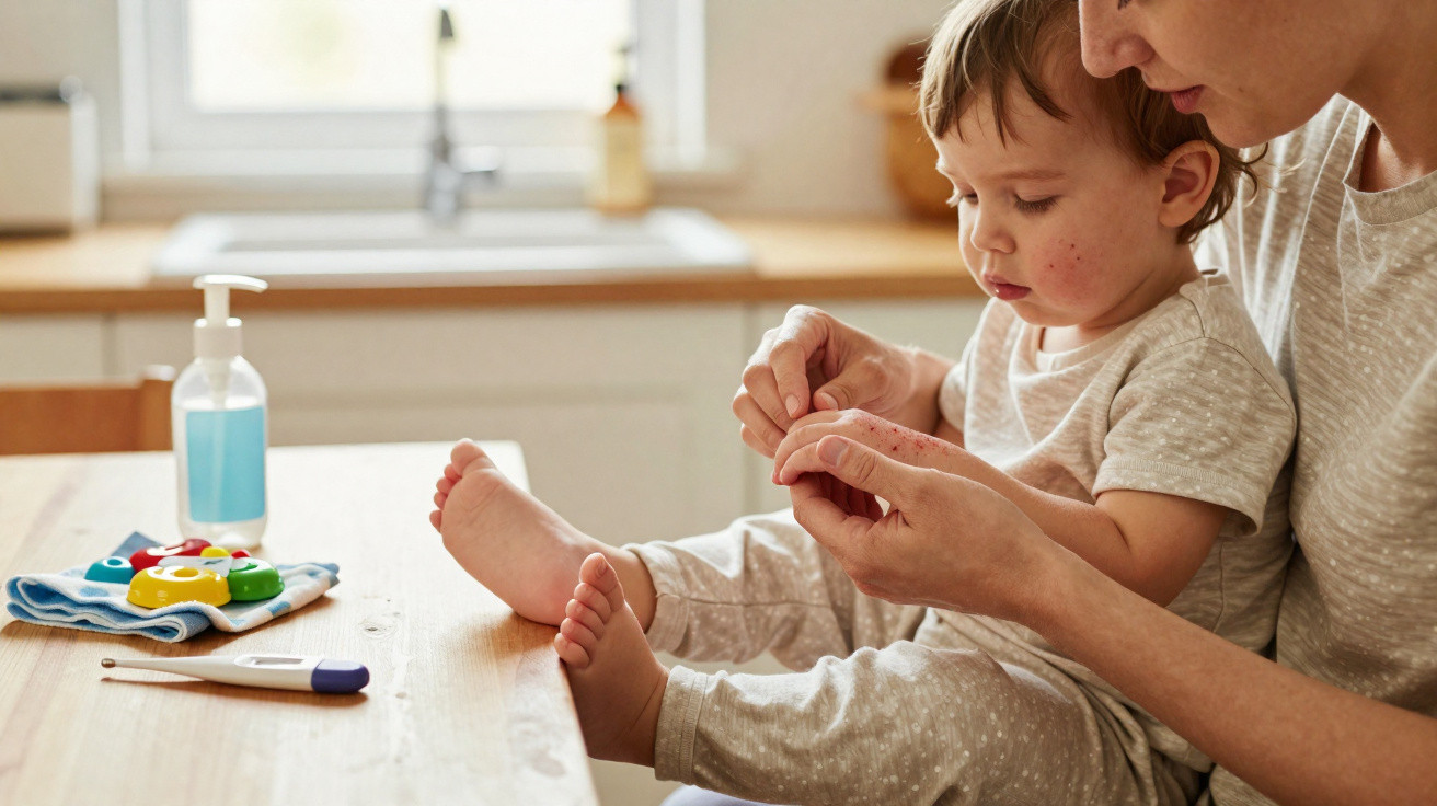 Mãe cuidando das mãos machucadas de uma criança pequena sentada em uma mesa na cozinha.