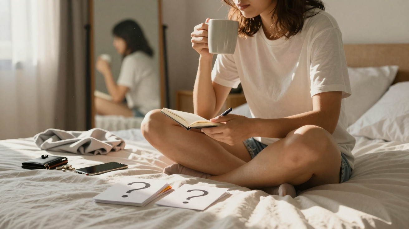 Mulher sentada na cama, segurando caneca e escrevendo em caderno com papéis marcados com pontos de interrogação.