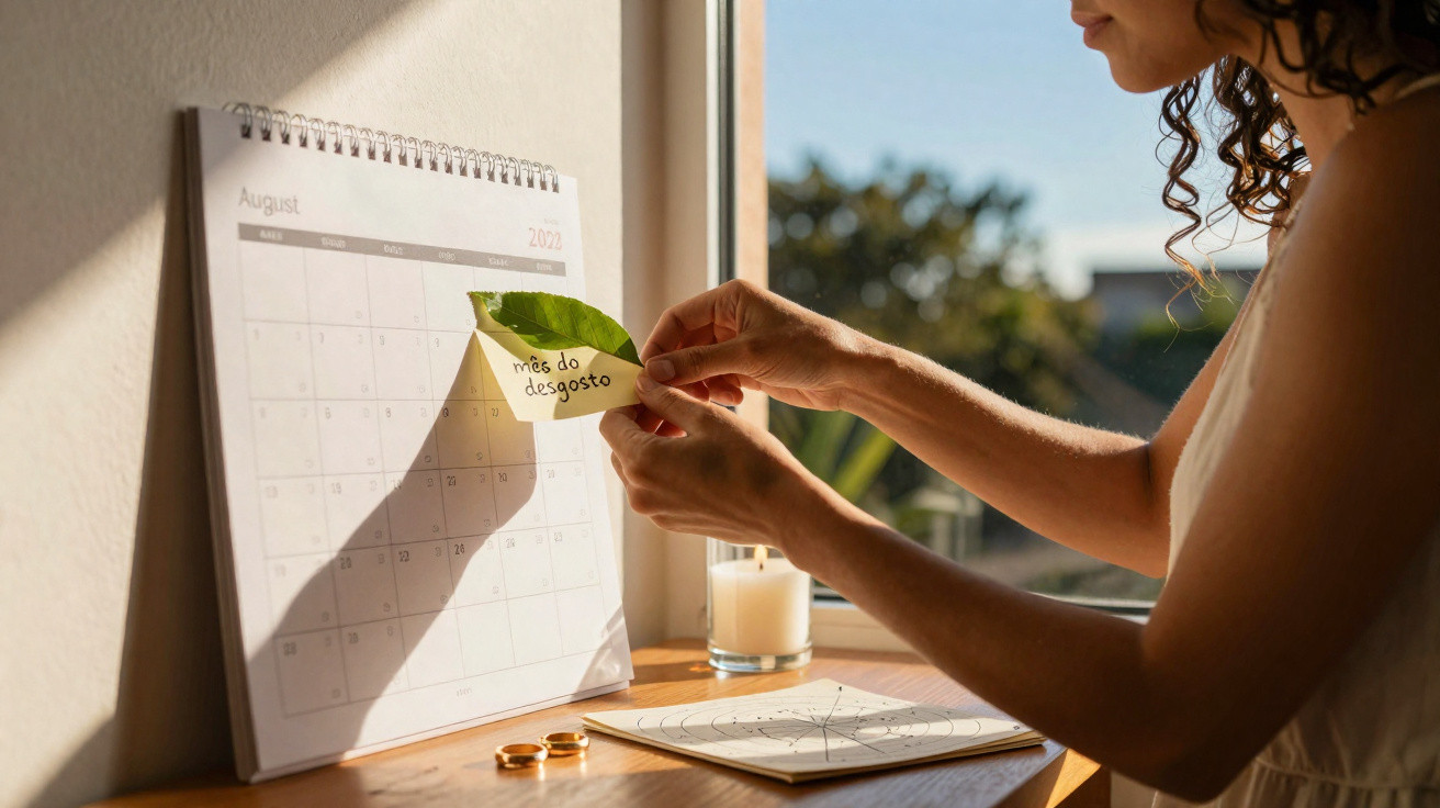 Pessoa colando um post-it escrito "mês do desgosto" em calendário de agosto 2023 próximo a janela.