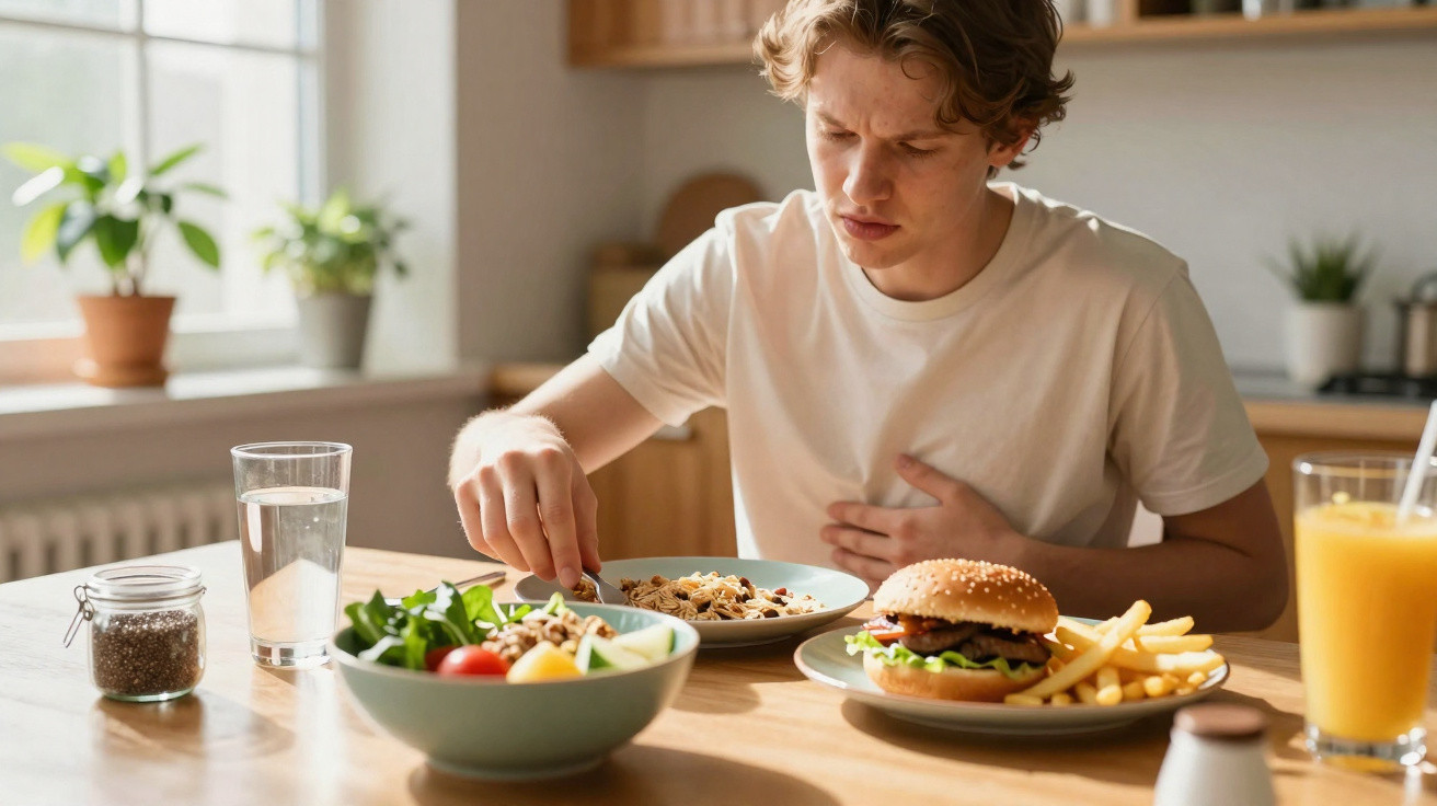 Jovem sentado à mesa com expressão de dor abdominal enquanto escolhe alimentos em prato.
