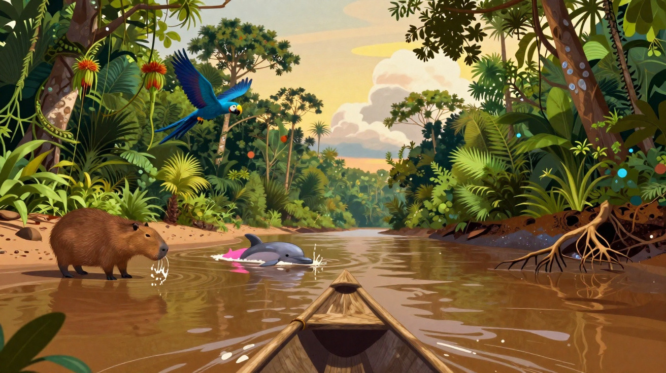Vista de canoa no rio da floresta amazônica com capivara, golfinho e arara azul voando.