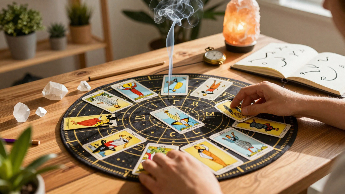 Mesa de madeira com cartas de tarô dispostas em círculo, incenso aceso e mãos manuseando as cartas.