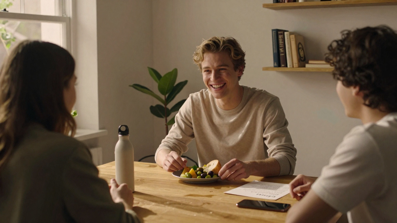 Três jovens conversam animados à mesa de madeira, um deles comendo frutas e pão em ambiente claro e aconchegante.