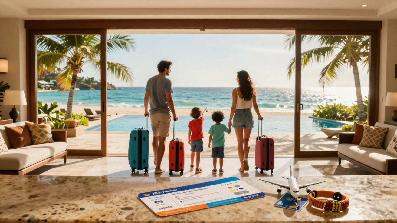 Família com duas crianças e malas olhando para o mar em resort com piscina e coqueiros.
