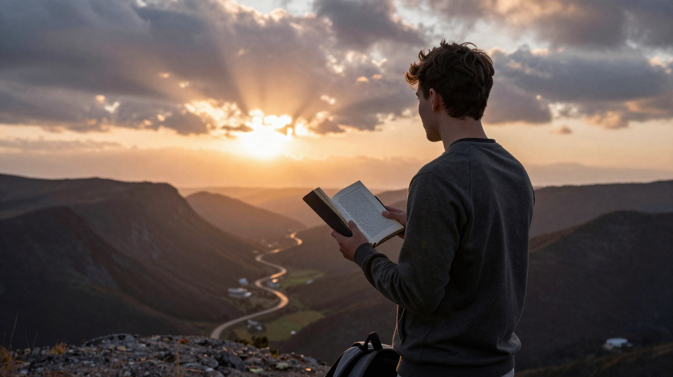 Jovem lendo livro no topo de montanha ao pôr do sol com vista para vale e estrada sinuosa.