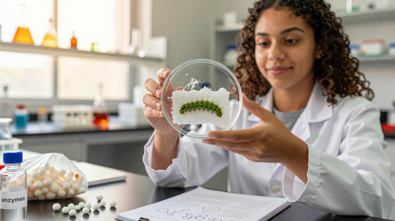 Jovem cientista examinando lagarta verde em placa de Petri dentro de laboratório.