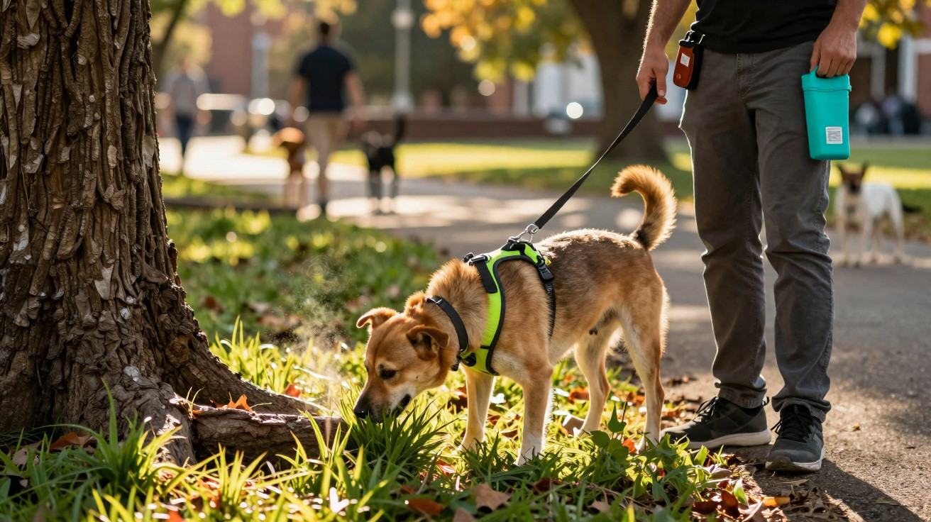 Pessoa segura guia enquanto cachorro com coleira verde fareja plantas próximo a árvore em parque.
